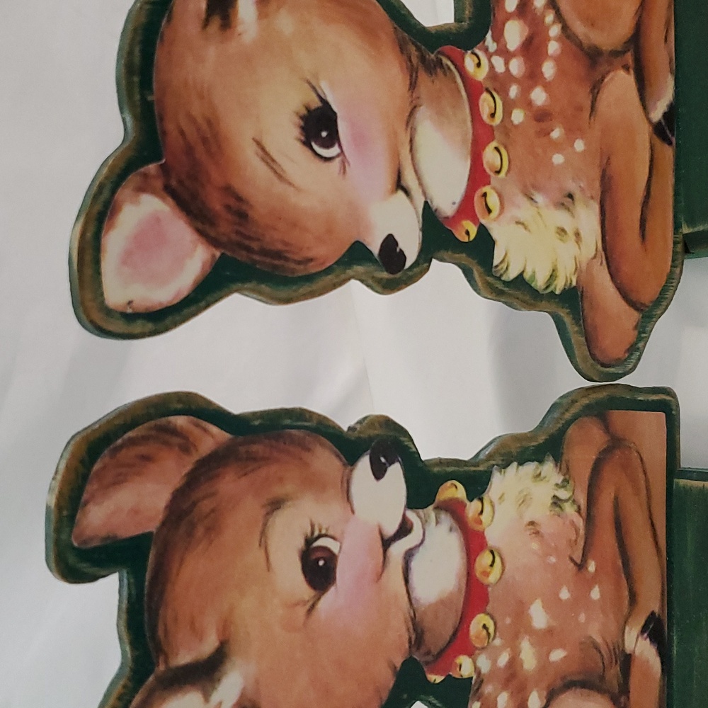 Vintage PostCard Cut-Out Christmas Decor Left/Right Facing Wooden Fawn Charming - Picture 3 of 7